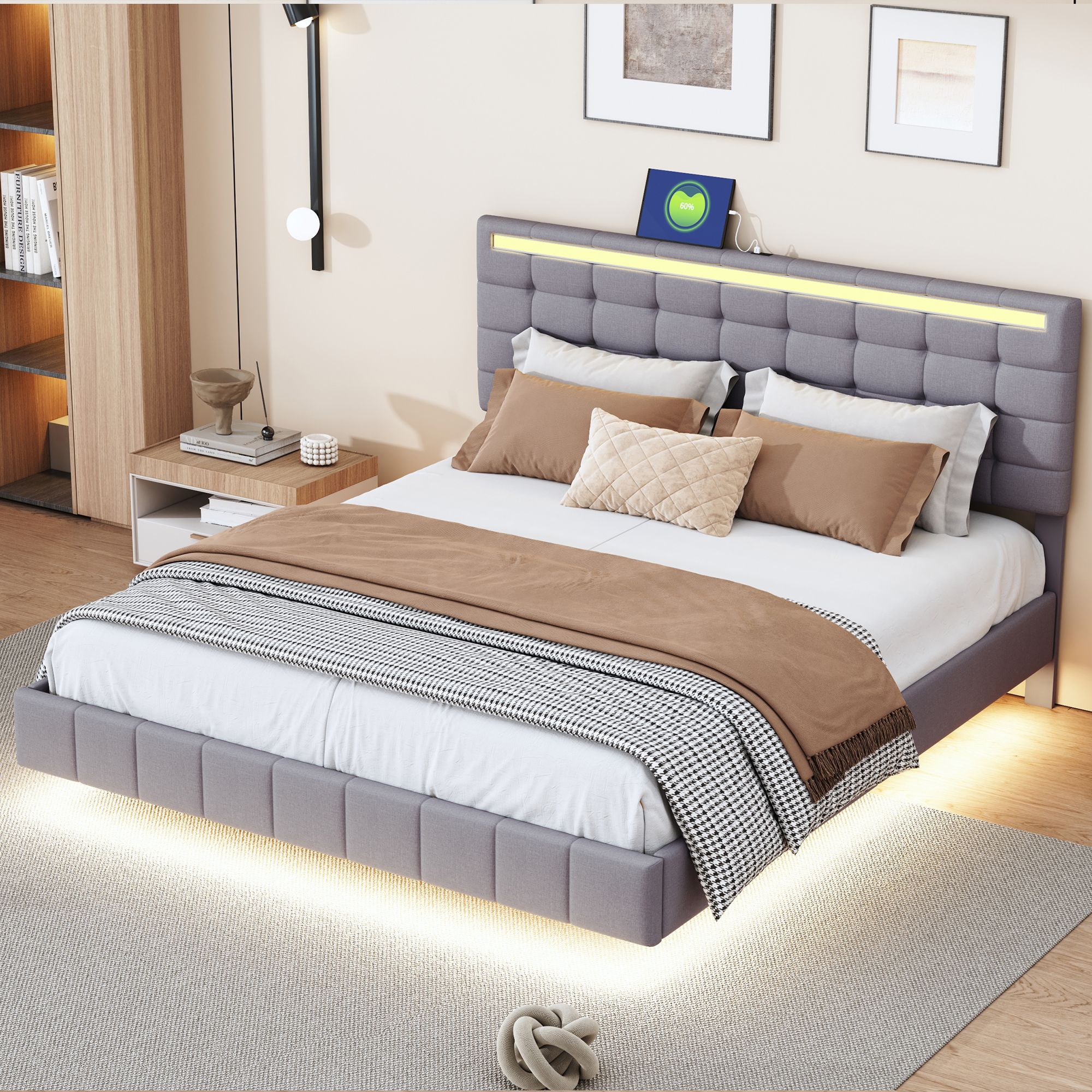 Cama para adultos 160x200cm - cama flotante con LED y 2 puertos USB ...