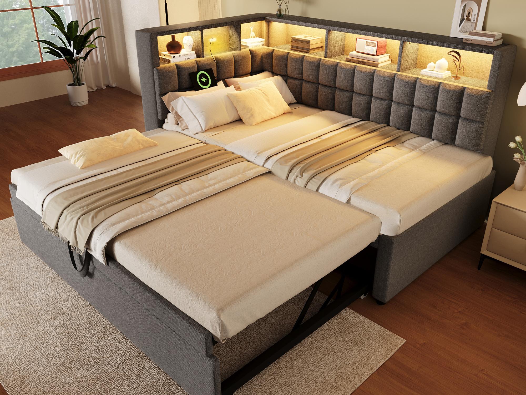 Sofa rozkładana 90x200cm - z wysuwanym łóżkiem - z oświetleniem LED - z głośnikiem Bluetooth i portem ładowania - tkanina lniana - szara - 2