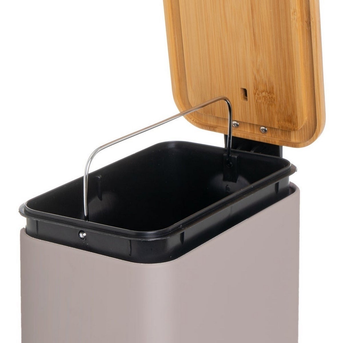 Papelera de pedal rectangular de 5 litros beige mate con tapa de bambú CasaSelección - 2