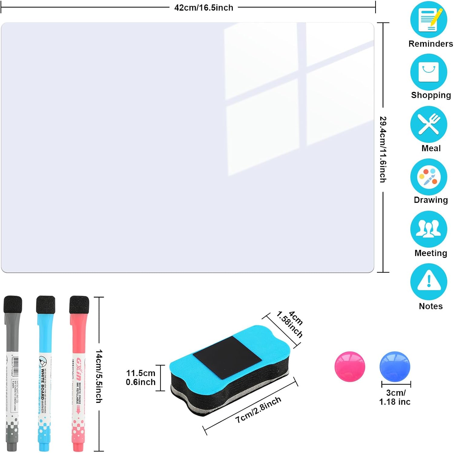 A3 Tableau Blanc Magnetique, tableau magnetique frigo, tableau blanc effacable magnetique, avec 3 Stylos, 1 Effaceur, 2 Aimants, Tableau Magnetique - 2