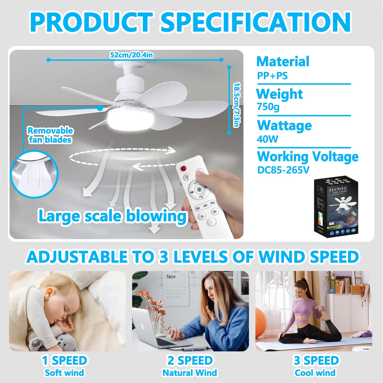200pcsVentilateur de Plafond avec Lumière et Telecommande, LED Ventilateur Dimmable Plafonnier avec 40W E27 Lampe Intégrée, 6 Pales, 3 Vitesses(Blanc) - 2