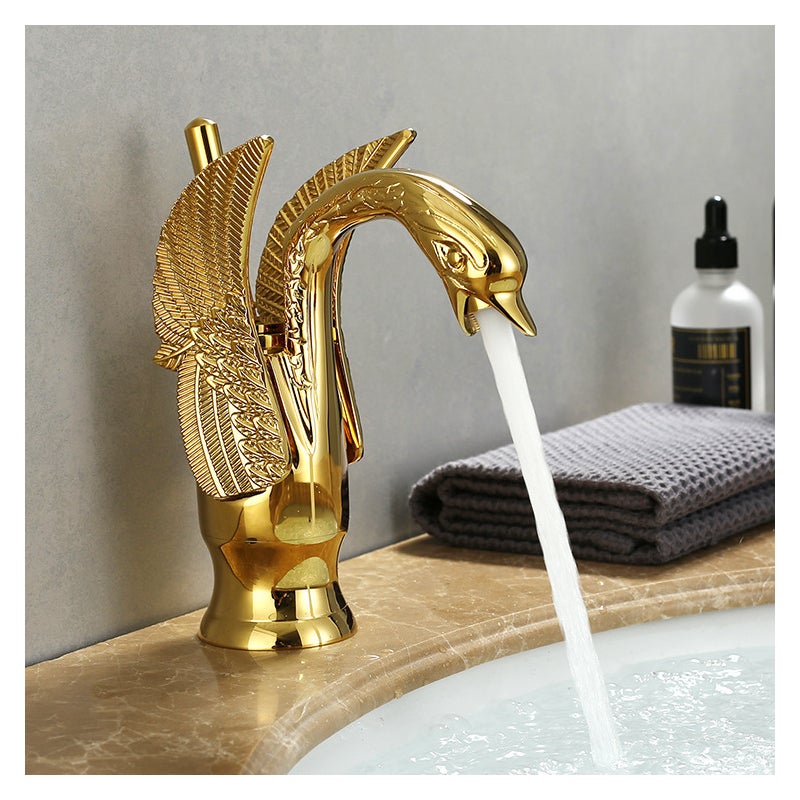 Bateria umywalkowa Vintage Gold Swan do łazienki z mieszaczem wody ciepłej i zimnej z wężem dopływowym G3/8