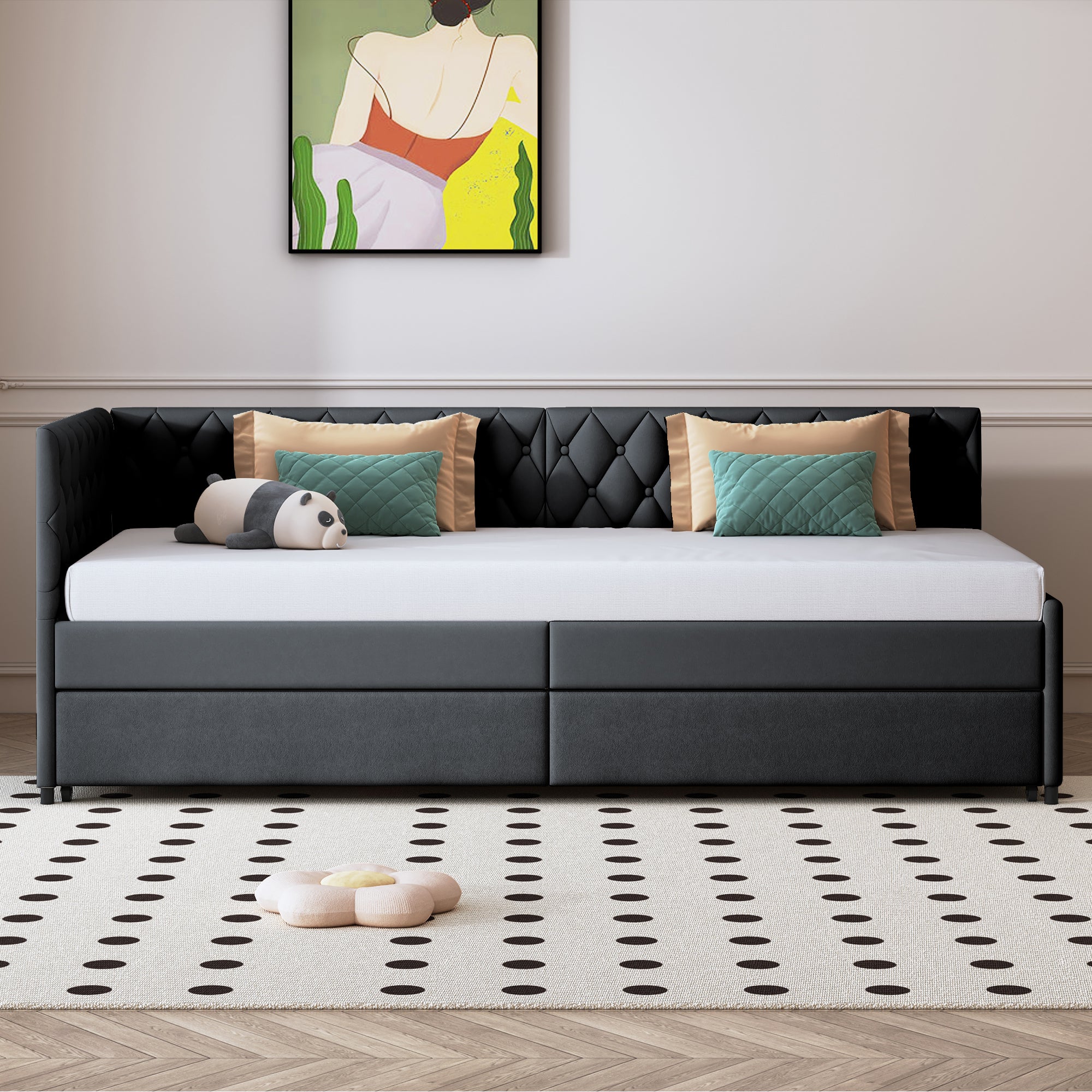 Canapé convertible, 90/180x200 cm, canapé-lit deux places, tissu velours, Lit gigogne à roulettes, Dossier rembourré, Support à lattes, gris - 2