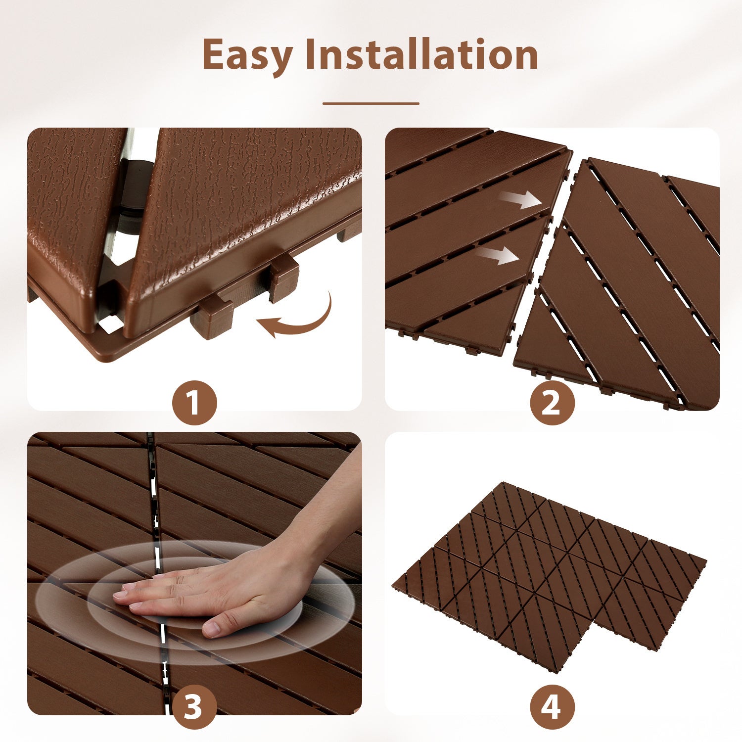 66 pcs（6㎡） Pavés de terrasse en plastique – Pose rapide, auto-drainants, usage extérieur Marron - 6