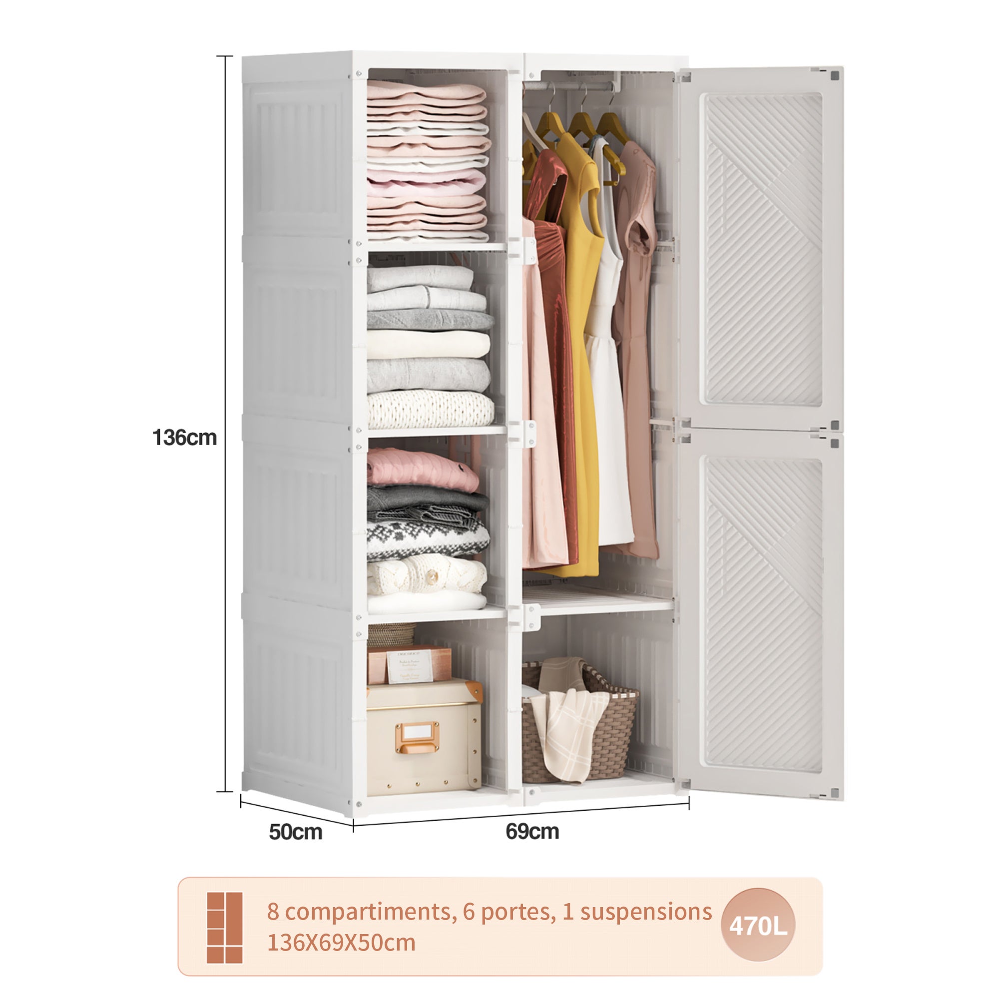 Armoire - Chambre Rangement - Style scandinave - ​Garde-robe - COZY - 6 Portes - 5 Cases - Avec cintres - PP - Blanc - 7