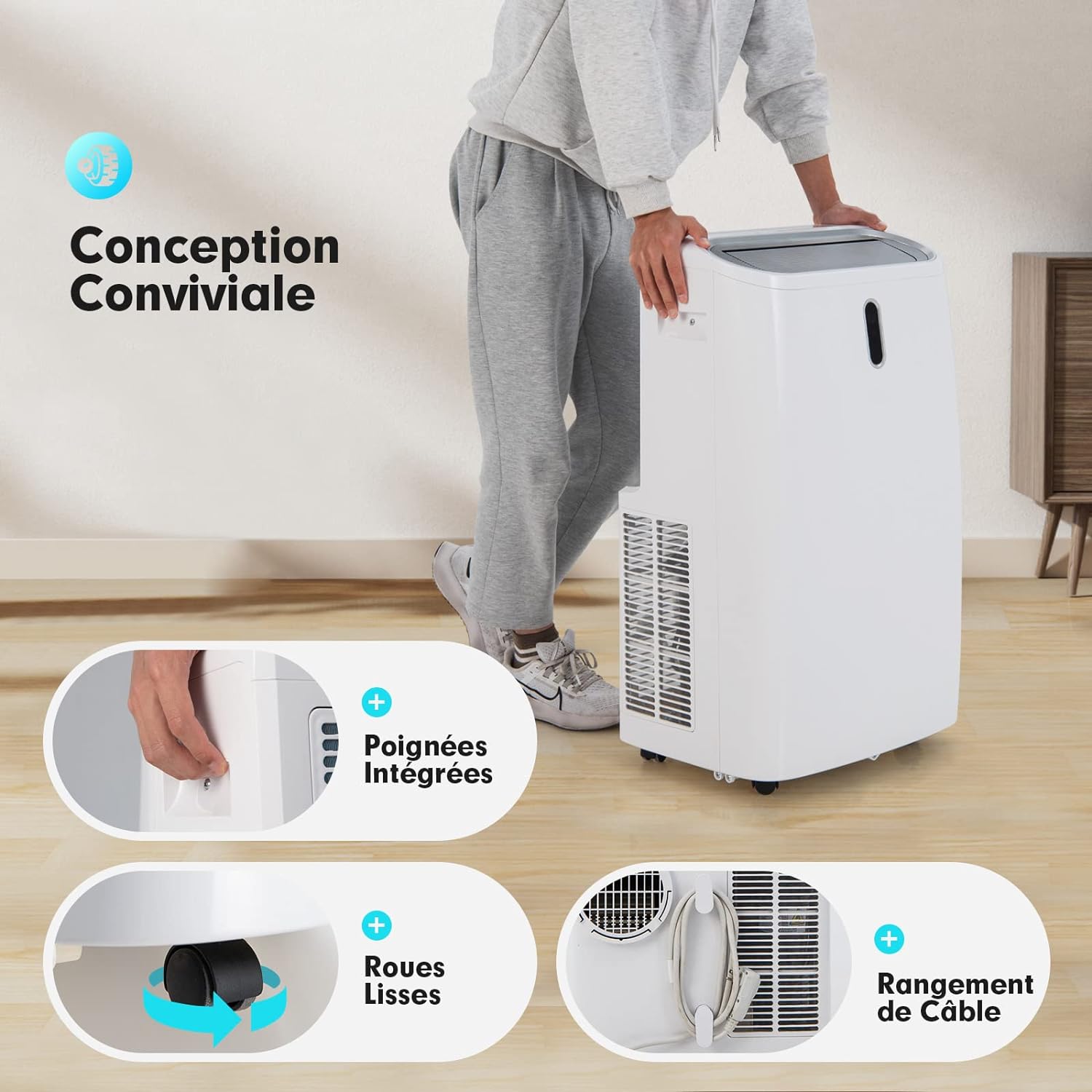 Climatiseur Mobile 4,1 kW/14000BTU-40㎡-R290 - Refroidissement, Chauffage, Déshumidification, Ventilation, Minuterie 24H, Classe A, Télécommande/Wifi - 5