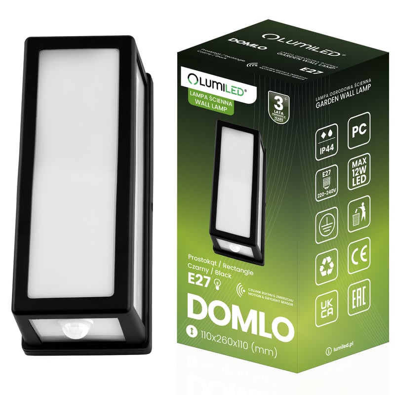 Lampa Ogrodowa Lumiled Kinkiet Elewacyjny E27 Prostokątny Czujnik Ruchu 1 szt.