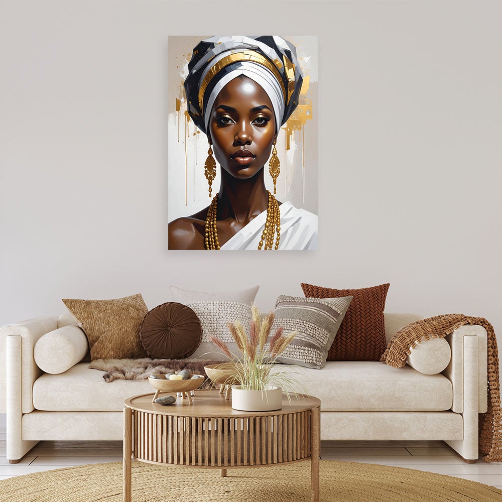 Obraz do salonu sypialni, Portret kobiety w biało złotym turbanie 40x60 - 2