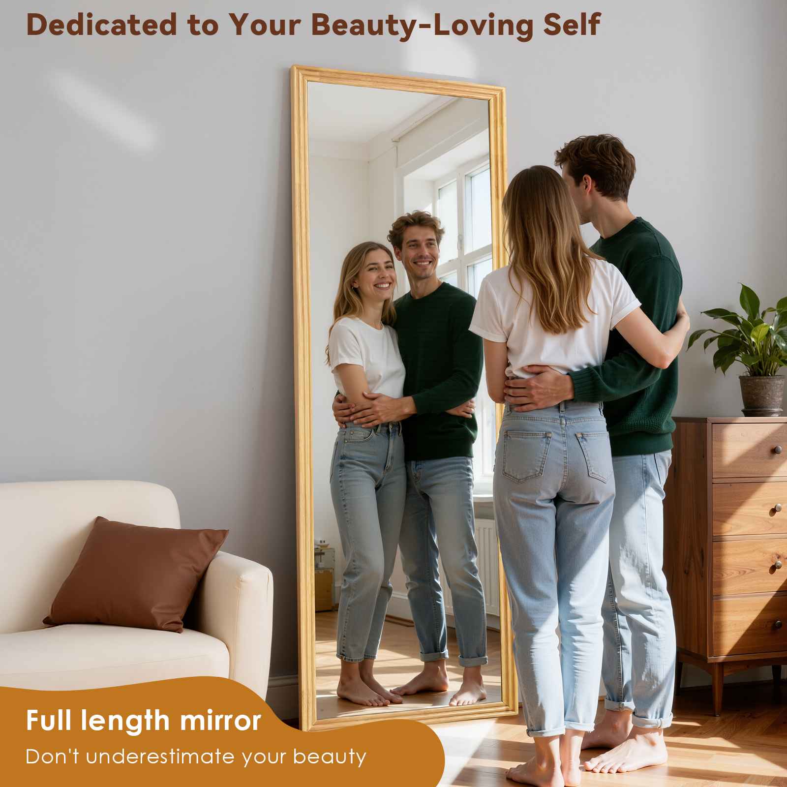 Specchio a figura intera 160×50cm HD senza distorsioni con cornice in legno massello e supporto regolabile per camera, soggiorno e cabina armadio - 6