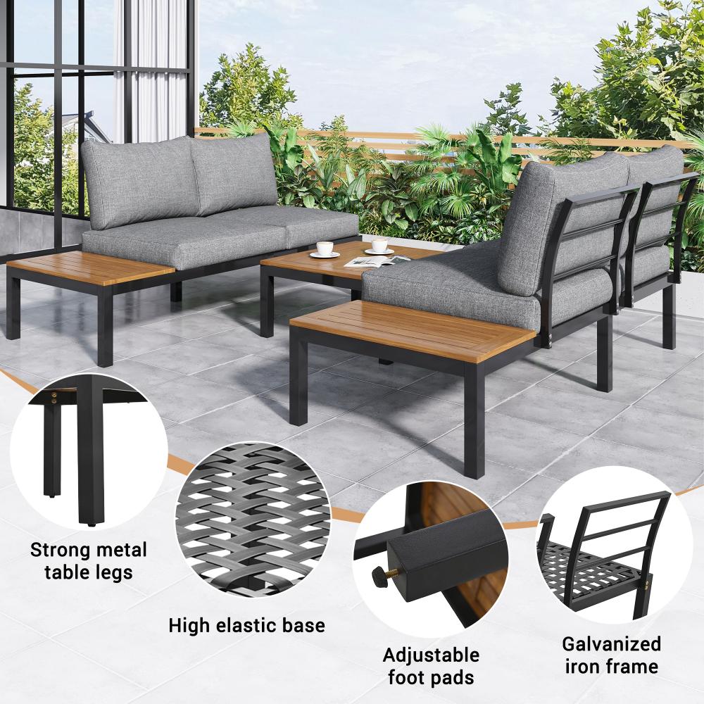 Ensemble Lounge de Jardin avec Structure en Acier Galvanisé, 2 Canapés 2 Places, 2 Tables Basses, 1 Table, Plateau en Bois d'Acacia - 6