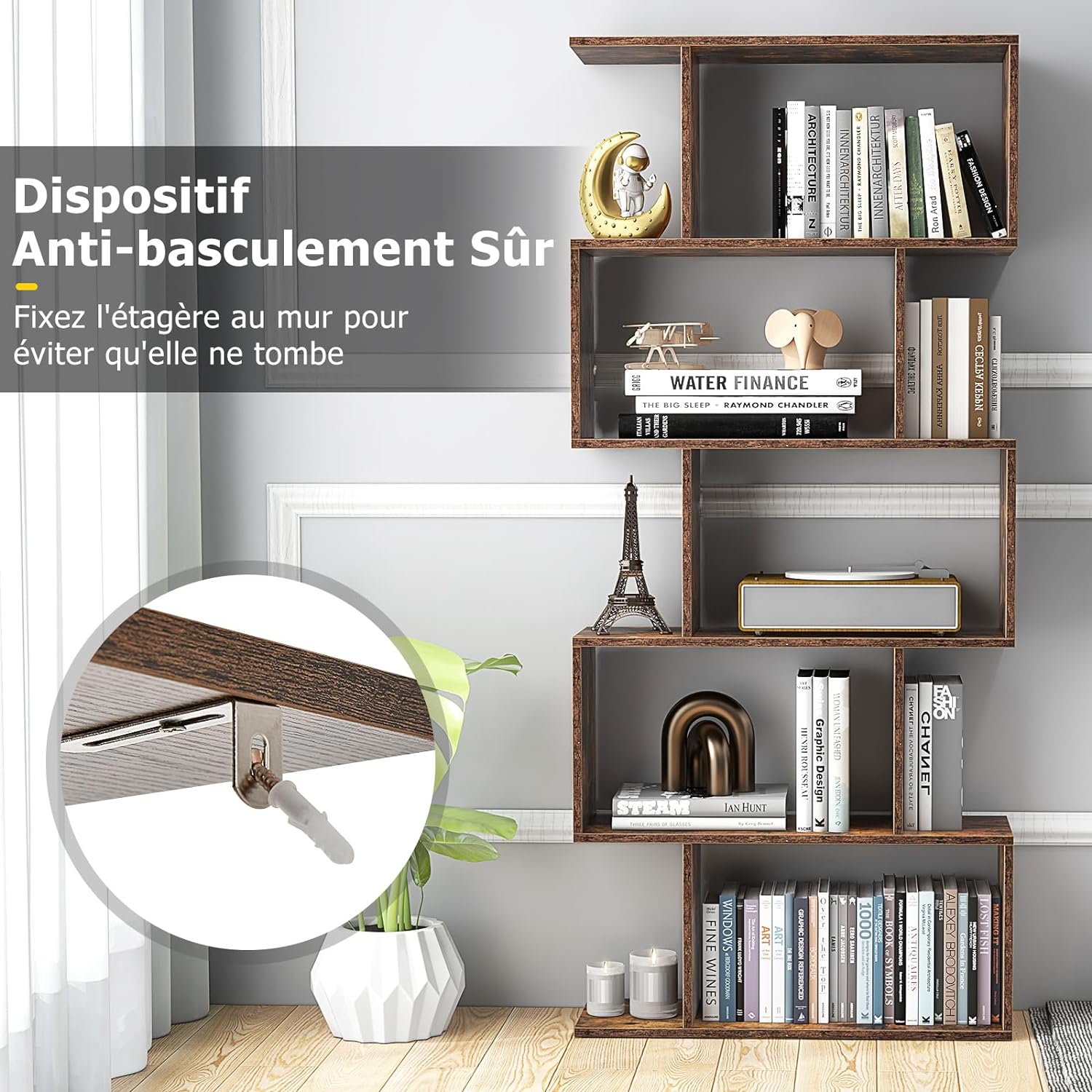 Estantería, estante de almacenamiento en forma de S, estilo industrial, mueble de almacenamiento de madera versátil para salón y oficina (5 estantes, - 4