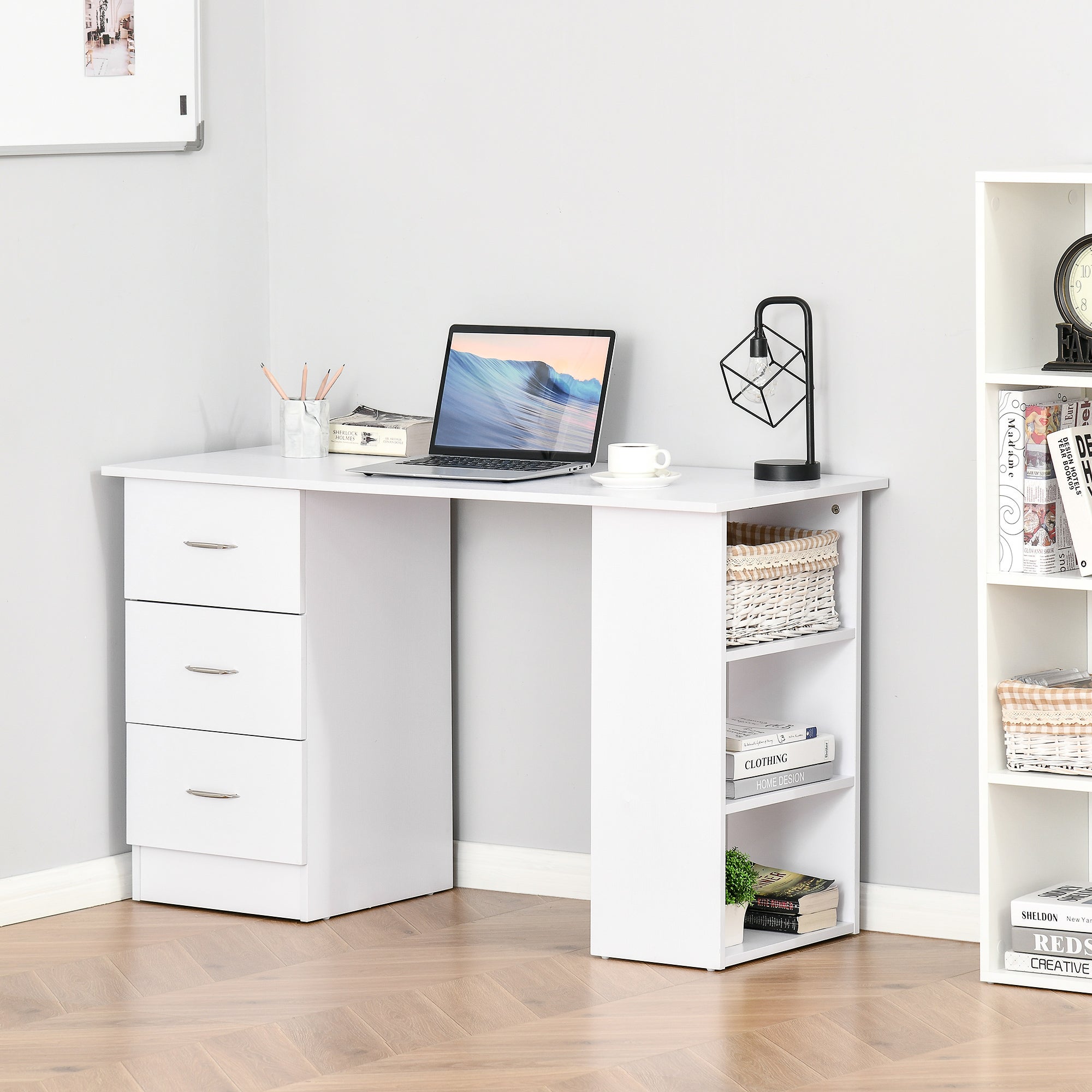 Bureau avec rangement, table informatique 120 x 50 cm, bureau d'ordinateur avec étagères et tiroirs, pour petits espaces, chambre à coucher, blanc - 4