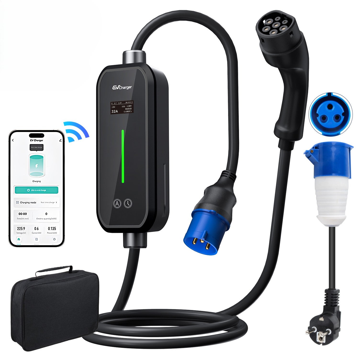 Junsun Przenośna Ładowarka EV 7kW 32A Typ 2 6m WiFi Aplikacja W zestawie Adapter 3.5kW Schuko Torba Regulacja Prądu &amp; Opóźnienie Startu