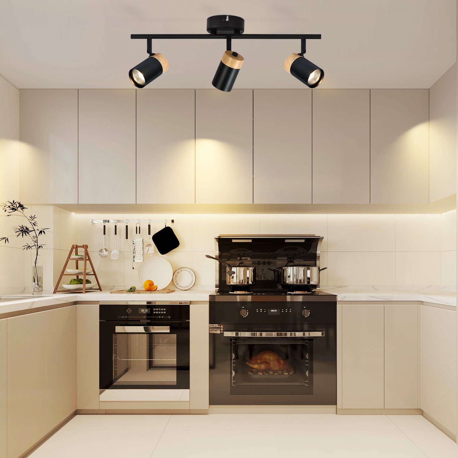 NETTLIFE Plafonnier 3 spots bois GU10 noir orientable 330° pour salon chambre cuisine chambre d'enfant sans ampoule - 8