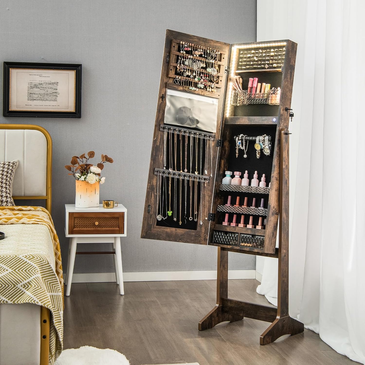 Armadietto Portagioie con Luci LED a 3 Colori, Specchiera per Gioielli da Terra, Mobile Portagioie con 3 Angolo Regolabile, Armadietto Portagi - 4