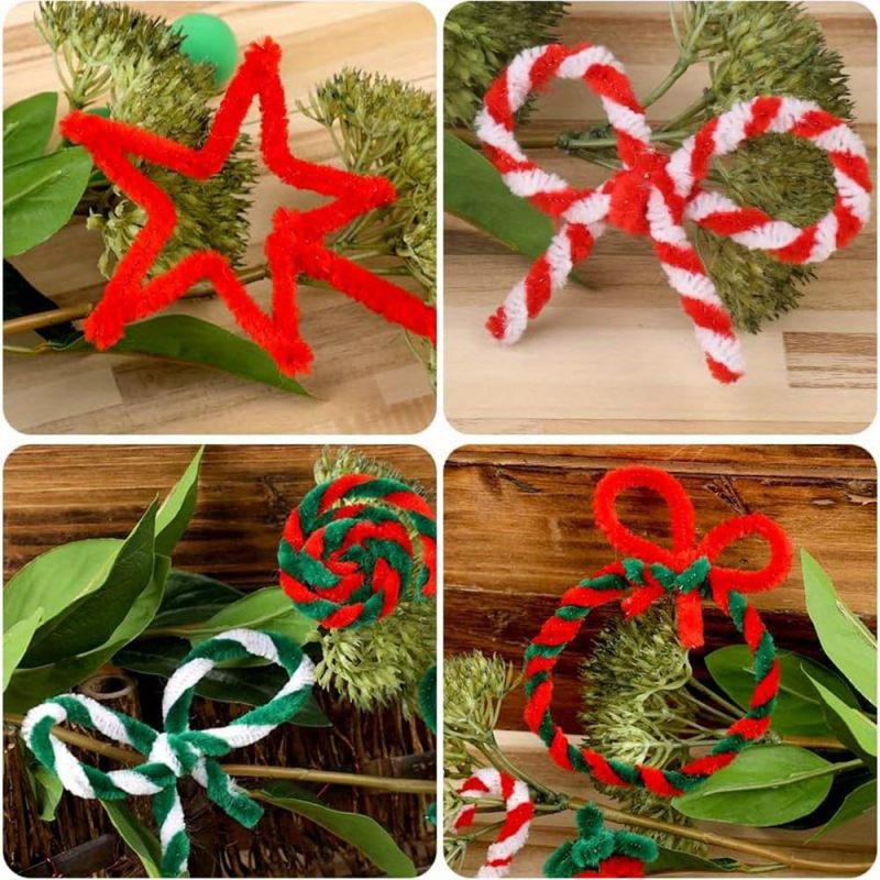 Pipe cleaners chenille, 300 épais en trois couleurs variées (rouge, vert et blanc), fournitures de loisirs créatifs pour décorations de Noël - 4