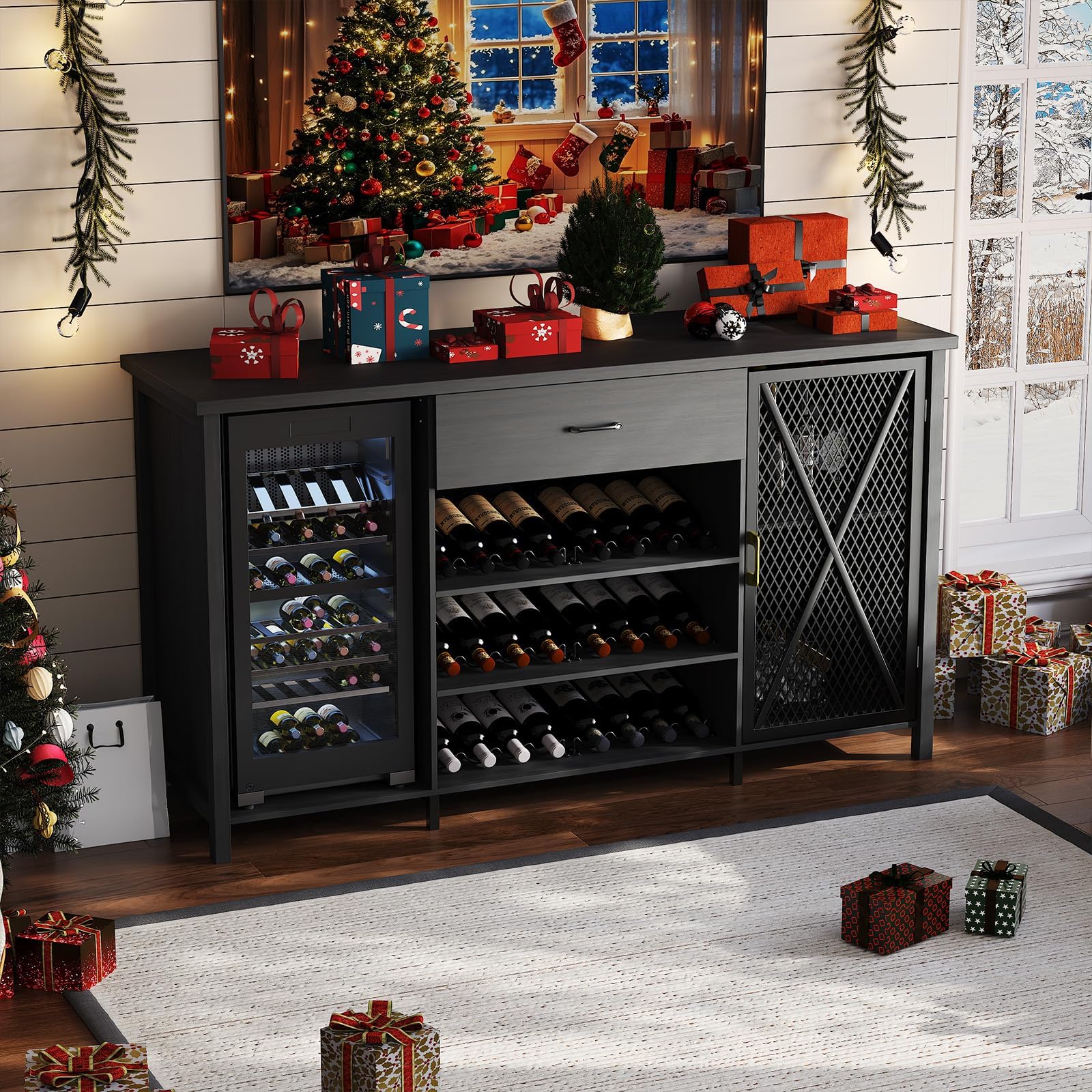 Buffet bar café 180 cm avec mini frigo, rangement 24 bouteilles, tiroir ...