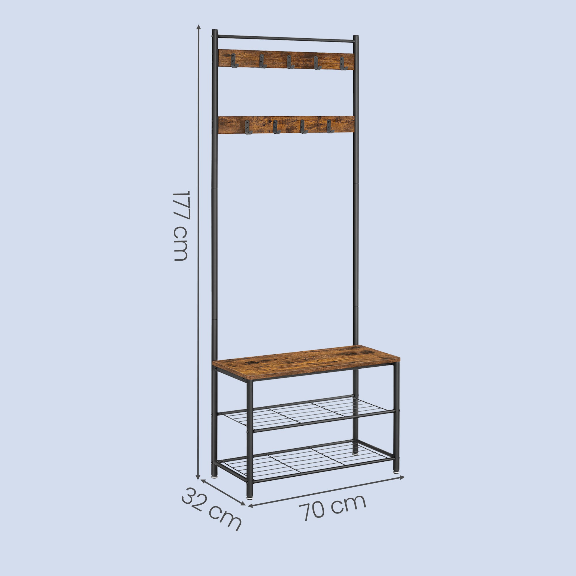 Portemanteau, 32 x 70 x 175 cm, Vestiaire avec Banc de Rangement pour Chaussures, Style Industriel, Marron et Noir - 5