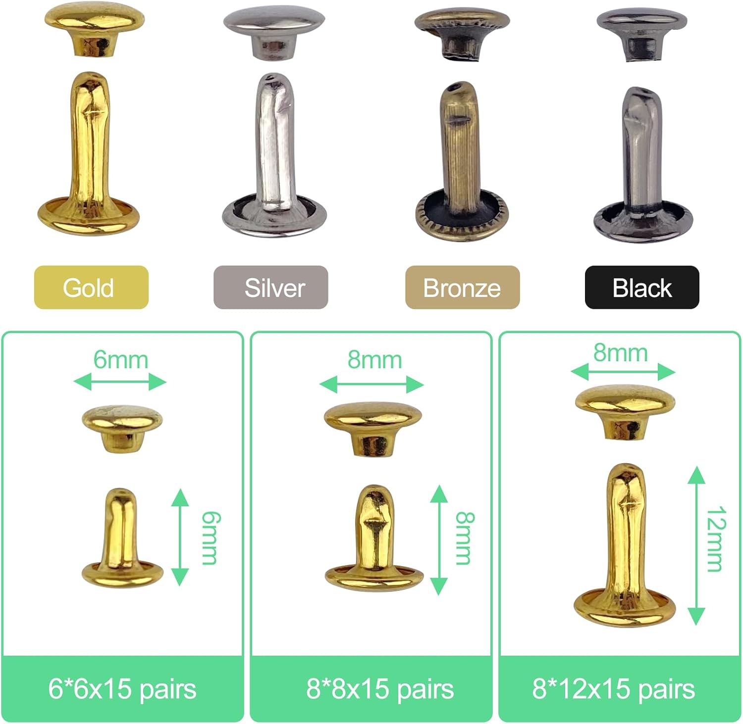 360 Paires de Rivets pour Cuir À Frapper, 3 Tailles Rivets Couture, Rivets À Bout Ouvert, Brass Rivets Croc Boucle Bouton (4 Couleurs) - 2