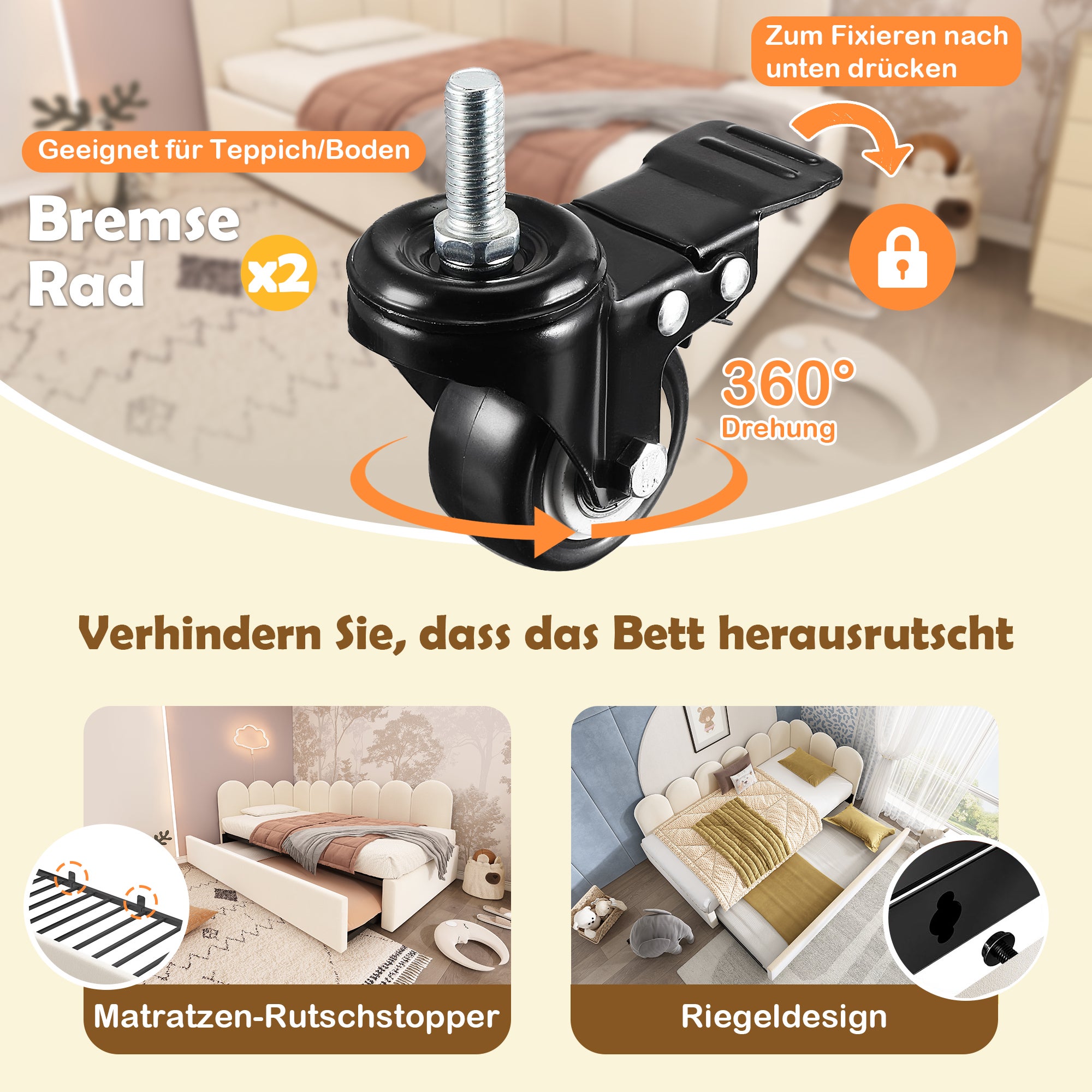 Cama de rodízio 90 x 200 cm + 90 x 190 cm com cabeceira e encosto, sofá-cama - Veludo - Estrado de ripas metálicas - Bege (sem colchão) - 6