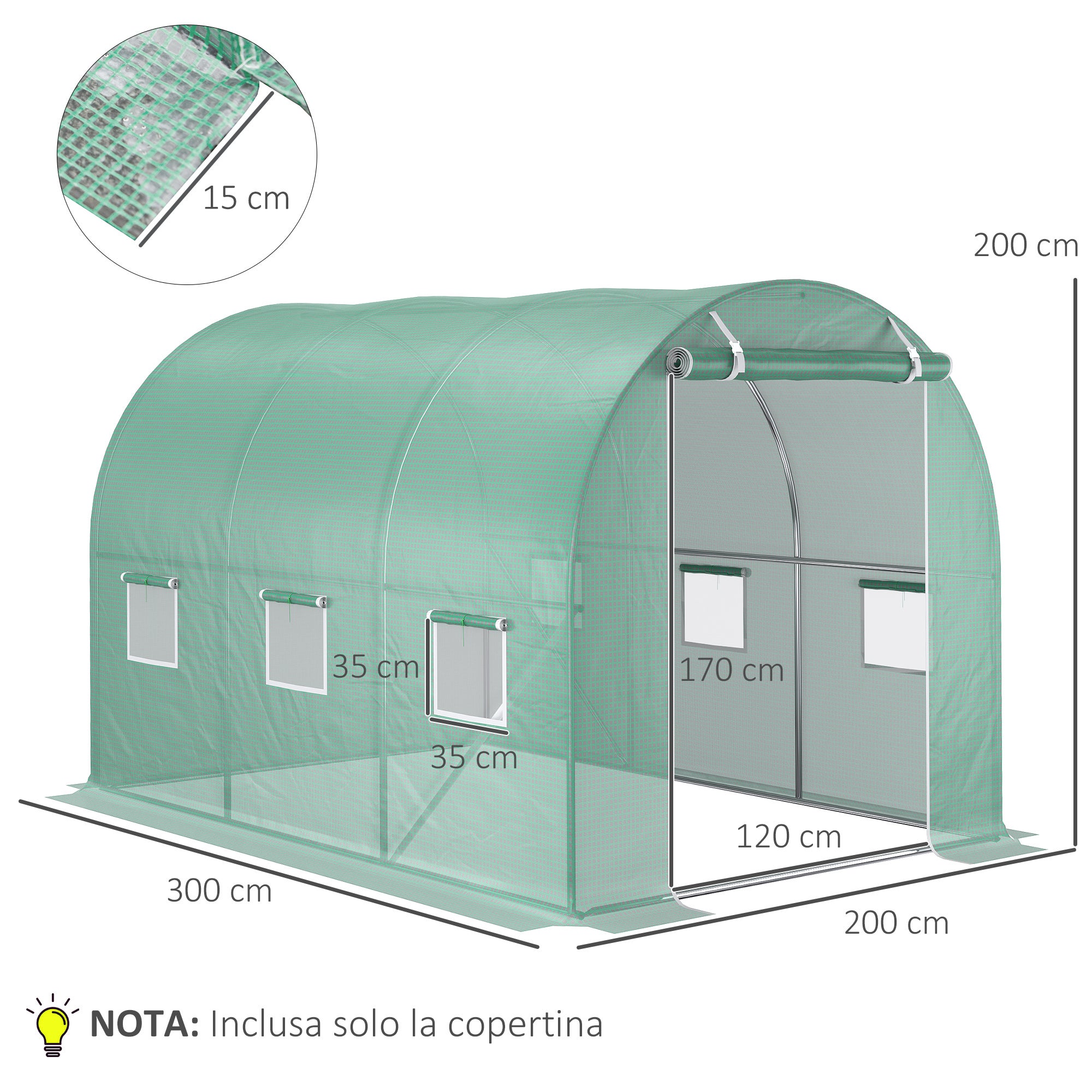 Bâche de serre PE avec 6 fenêtres, porte enroulable et bords enterrés, 3 x 2 x 2 m, verte - 3
