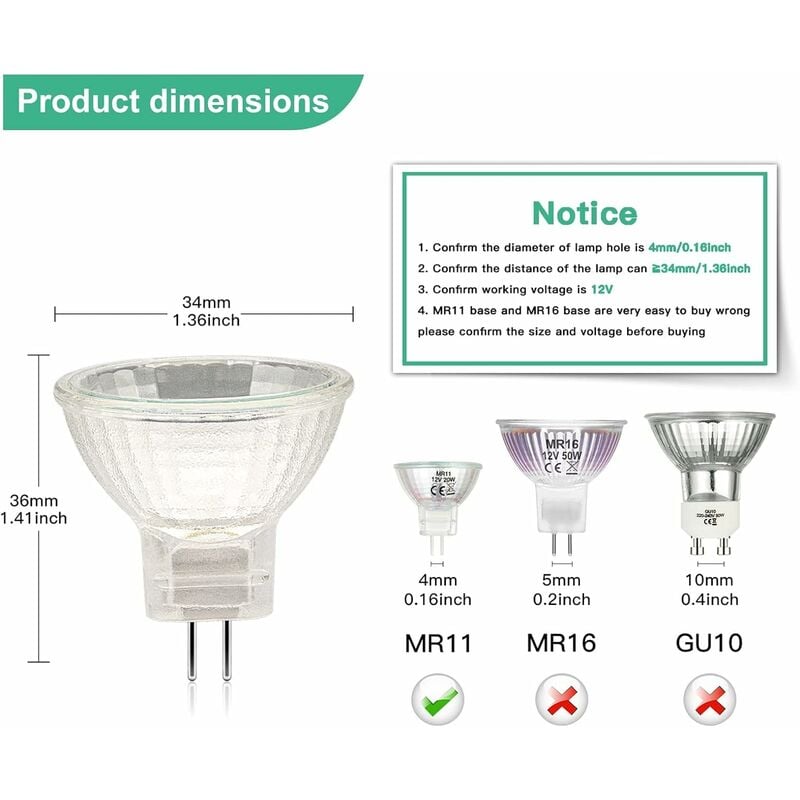 Ampoules Halogènes MR11(Pack de 12),Lampe Halogène GU4 12V 20W, Ampoule Mr11 GU4 Dimmable, 2 Broches Ampoule Halogene 2700K Blanc Chaud - 4