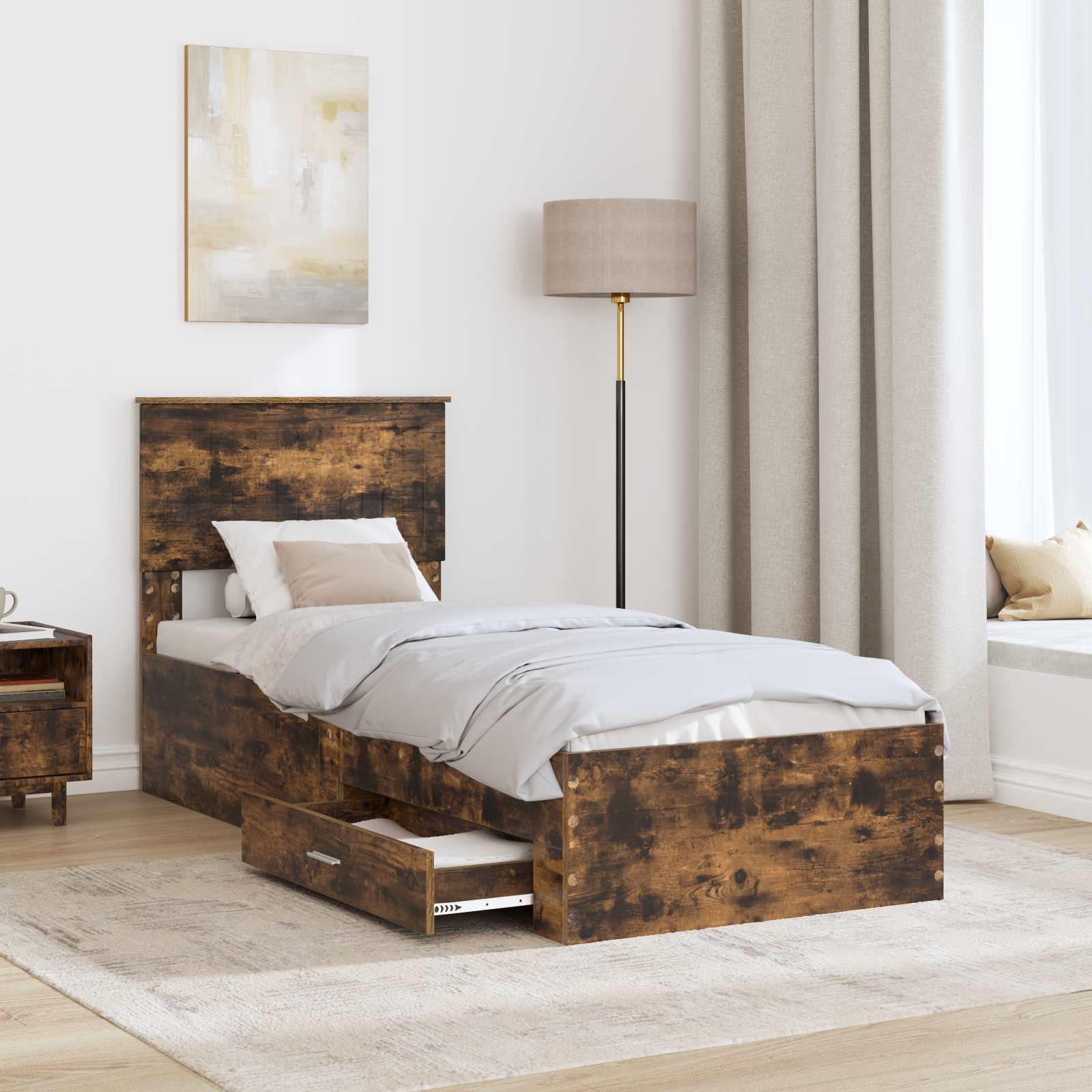 Cadre de lit chêne fumé et argent, panneau de bois, pour la chambre, 75 × 190 cm - 3
