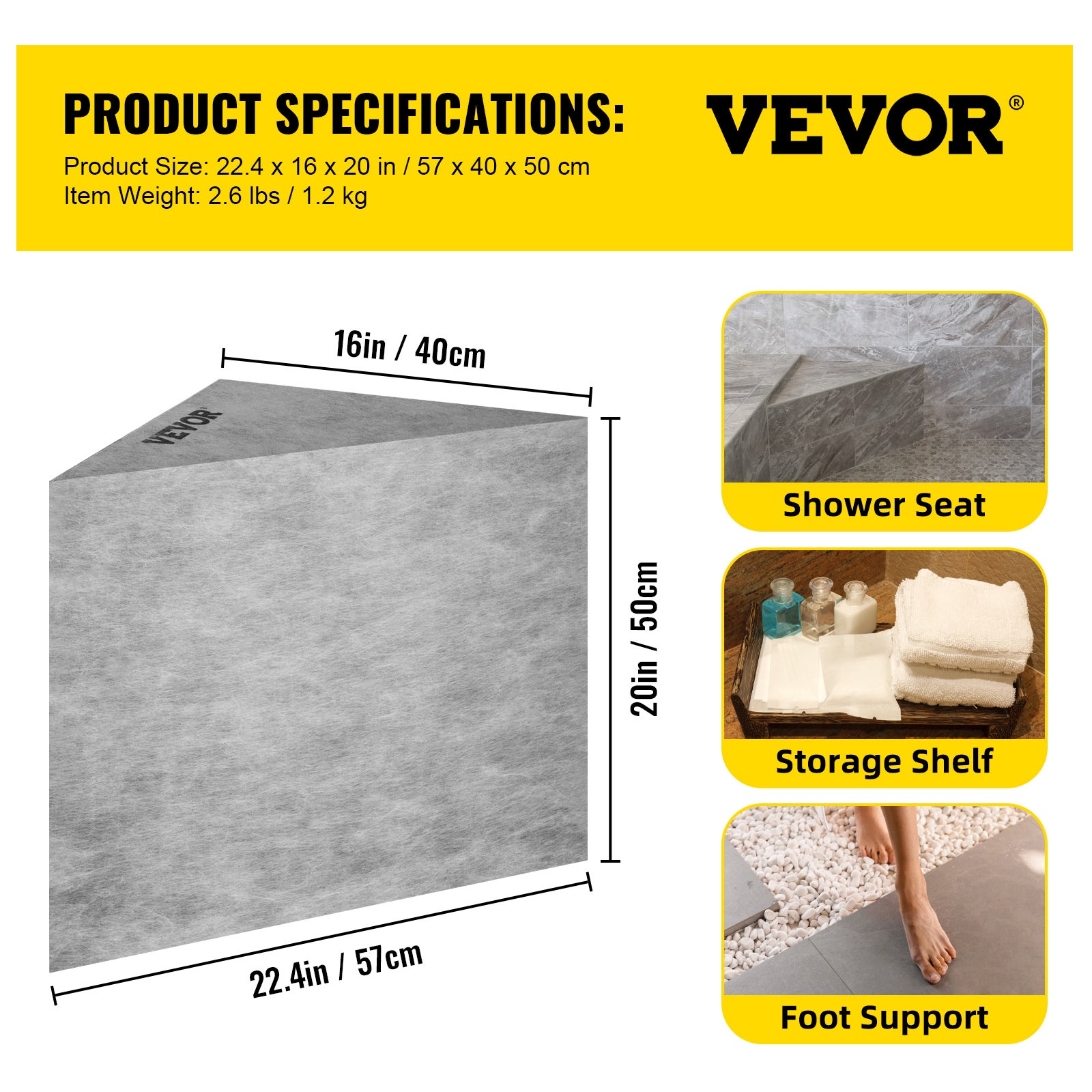 Banc de Douche Pret a Carreler VEVOR 57x40x50 cm Siege deAngle Etanche Composite EPS Repose-Pied Prefabrique Douche Italienne Triangulaire Charge 200 - 7