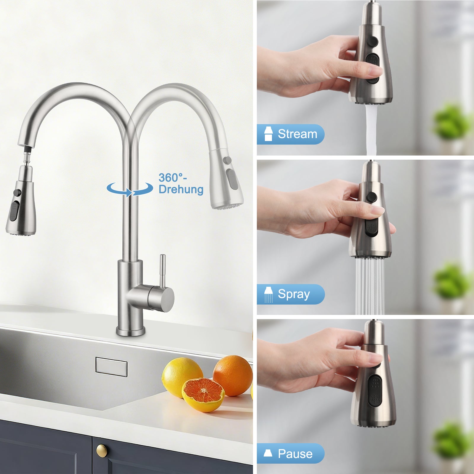 LOVHAUS Robinet de Cuisine, Robinet Extractible à 3 Modes, Robinet d'Évier Haute Pression, Mitigeur de Cuisine Pivotant à 360° - 4