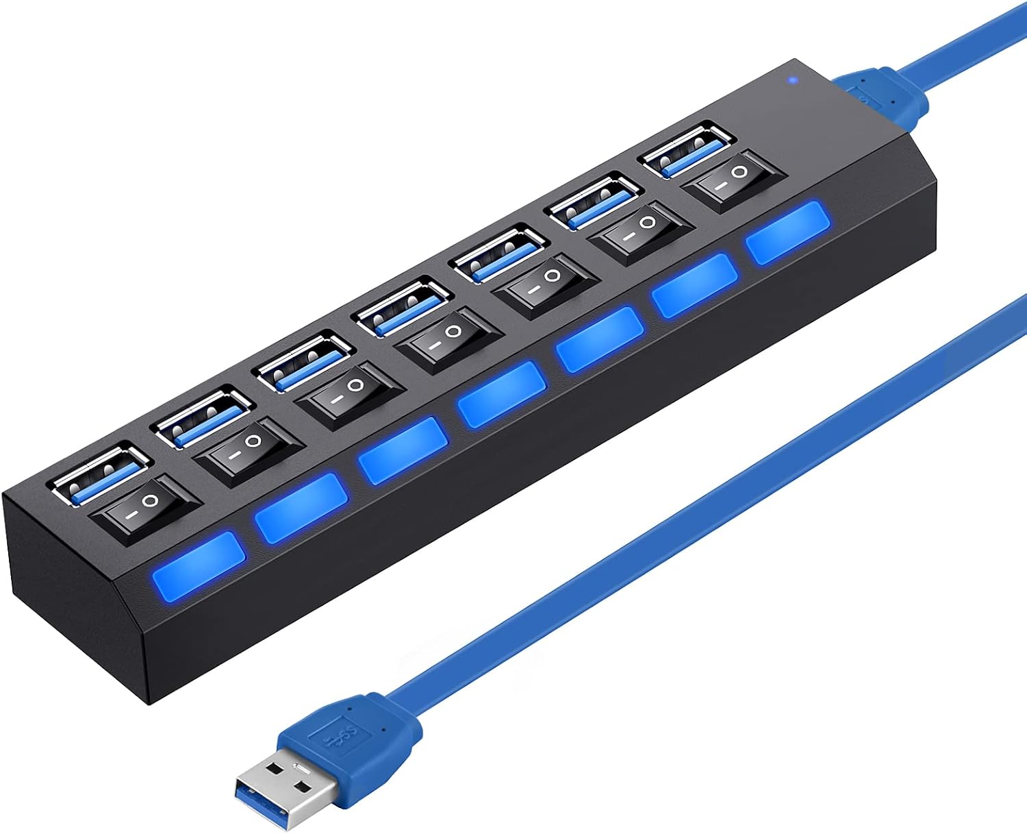 Rozdzielacz USB wieloportowy, koncentrator USB 3.0 7-portowy, koncentrator danych USB A z niezależnym włącznikiem/wyłącznikiem i wskaźnikami LED, do