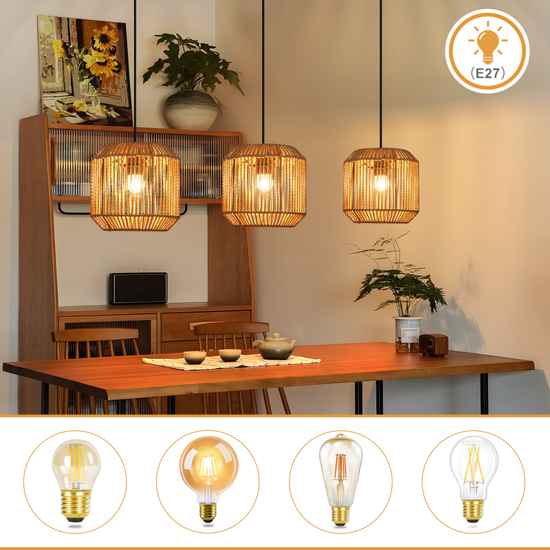 Nettlife Lampada Sospensione Boho Rattan - Lampadario 3 Luci E27, Regolabile, Stile Retrò, Tavolo Pranzo (Senza Lampadina) - 5