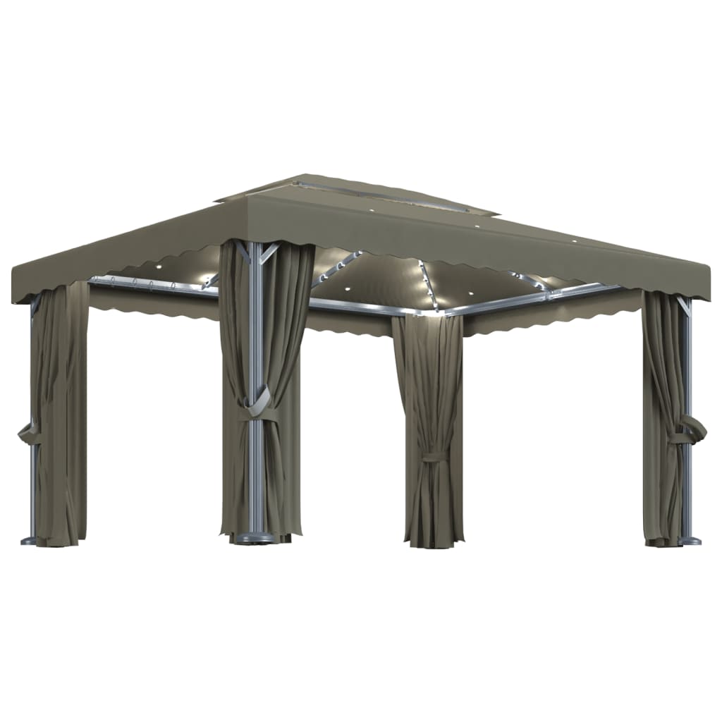 Cenador de jardín con cortina y tira de luces LED aluminio taupé 4x3 m CFW97215 - 2