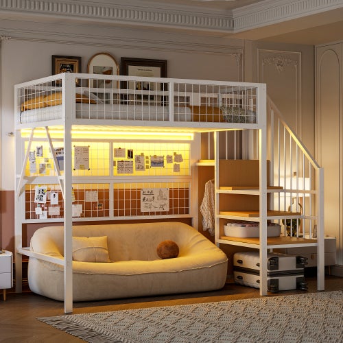 Lit mezzanine 90x200cm, lit enfant avec éclairage LED, escalier de rangement, penderie ouverte, garde-corps en filet, sans matelas, blanc - 2