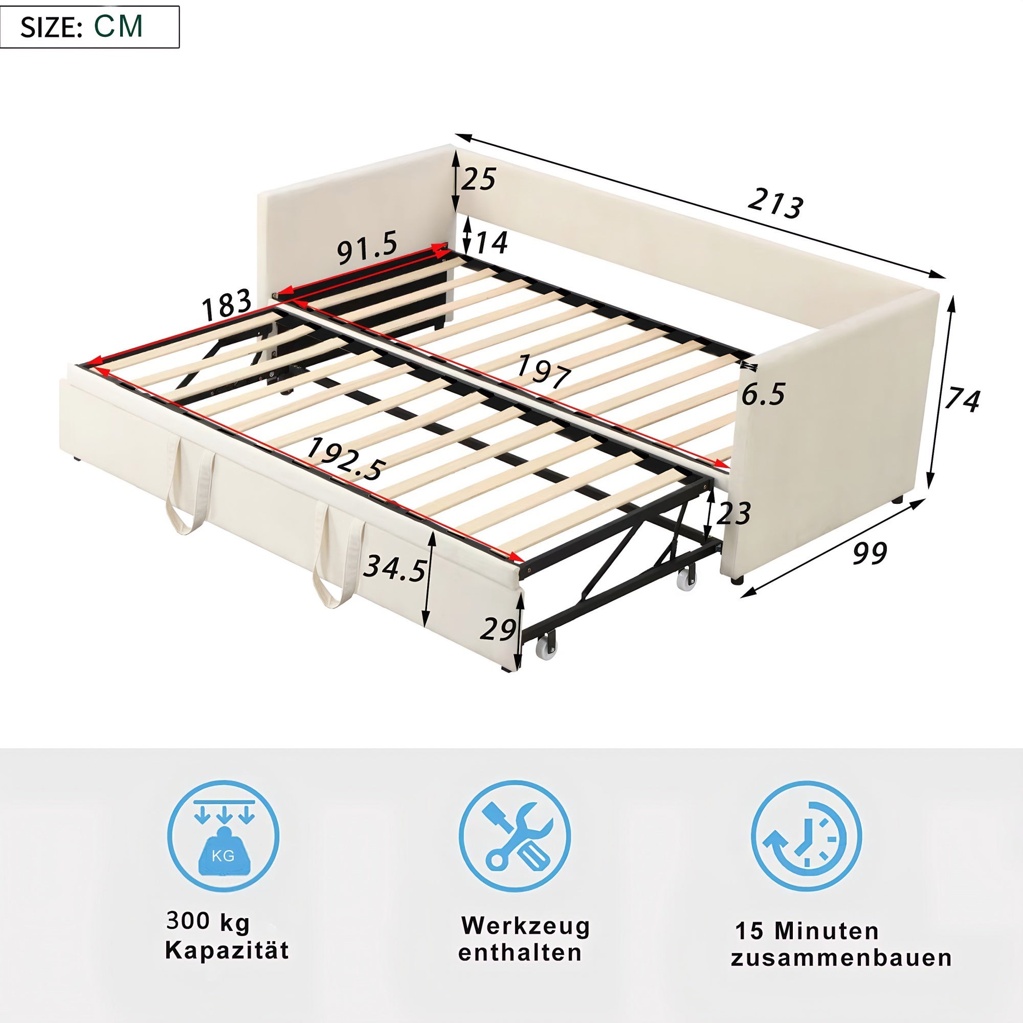 Canapé lit convertible 90x200 / 180x200 cm, lit banquette 2 places avec sommier à lattes, lit extensible, lit escamotable - Beige,Sans Matelas - 3