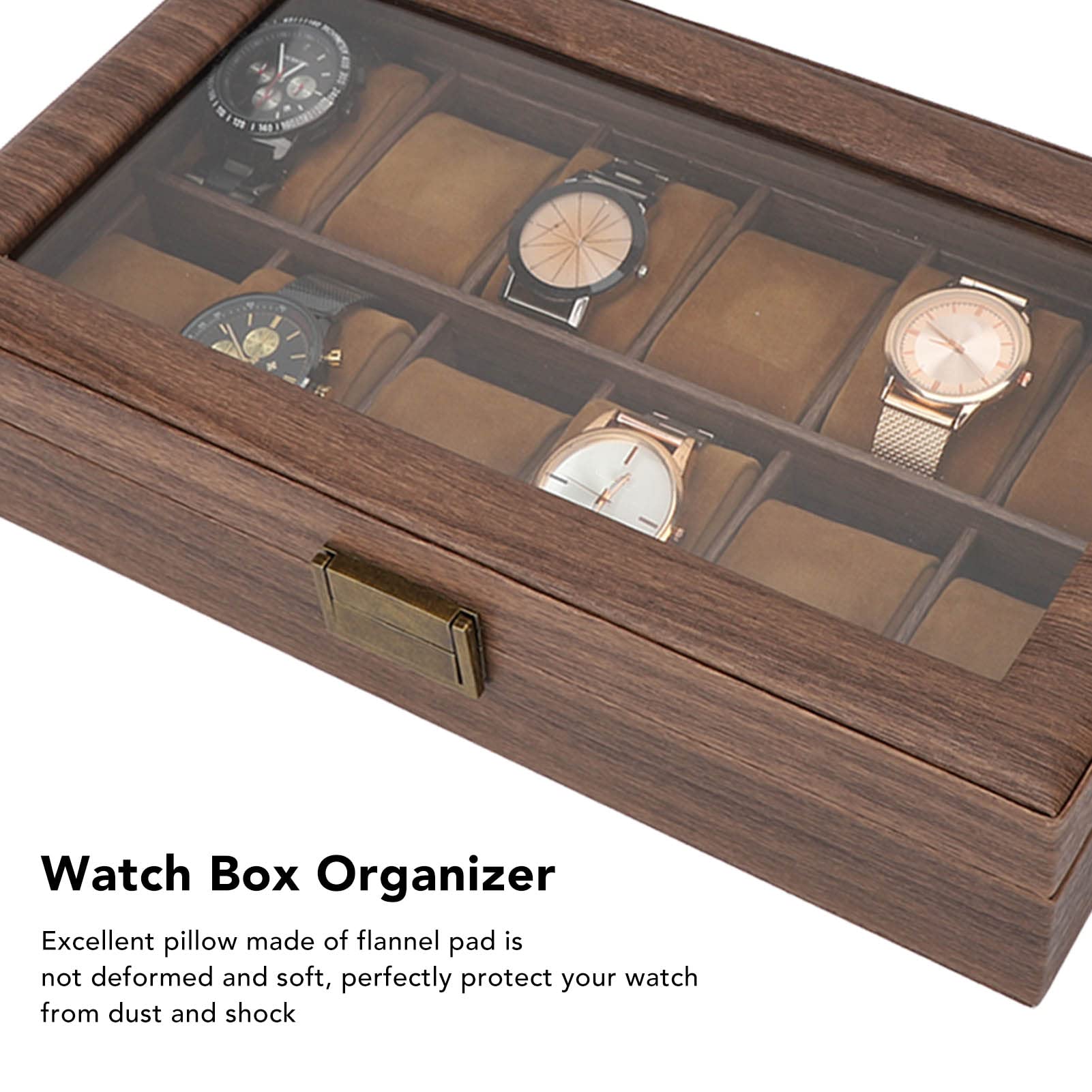 Boîte de rangement pour montres 12 compartiments en grain de bois, étui de rangement de luxe, intérieur en cuir PU ultra lisse - 4