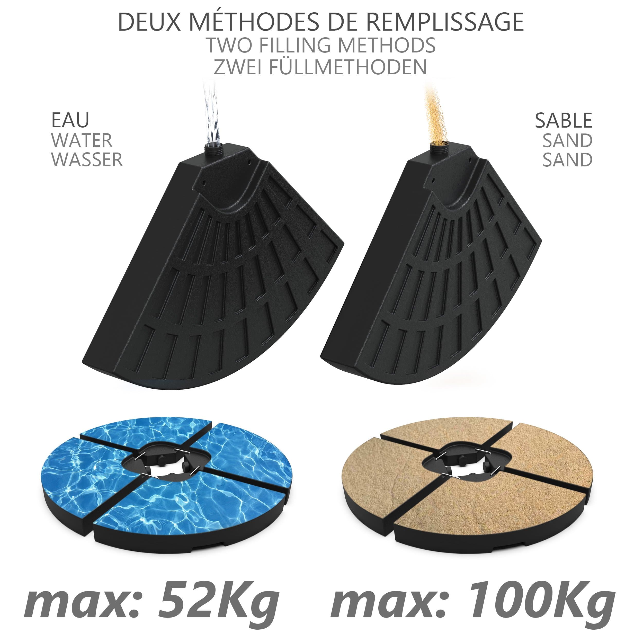 Dalle de lestage pour pied de parasol - 4 pcs à remplir - HDPE - 100kg sable ou 52L eau - base pour pied en croix - VOUNOT® - 3
