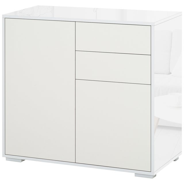Aparador para Cocina con 2 Puertas 2 Cajones Marco de Blanco Brillante Estante Ajustable Apertura a Presión Armario de Almacenamiento para Dormitorio