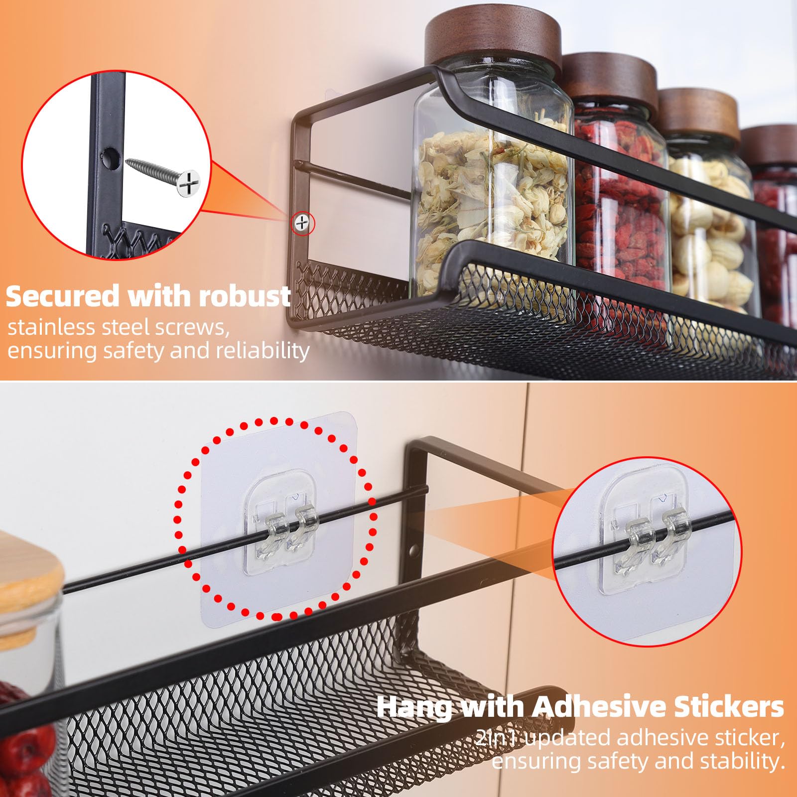 Étagère à épices murale, 4 étagères à épices en métal, sans perçage, à suspendre, pour mur ou porte de placard de cuisine - 4