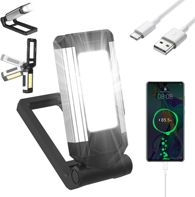 Lampe de Travail LED COB Rechargeable avec Base Magnétique IPX6 7 Modes pour Révision Voiture Camping Randonnée Secours