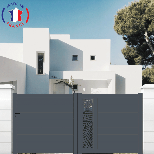 Portail aluminium coulissant découpe laser en kit dimensions L.4000 (entre piliers) X H.1500 mm Couleurs Gris (RAL 7016)