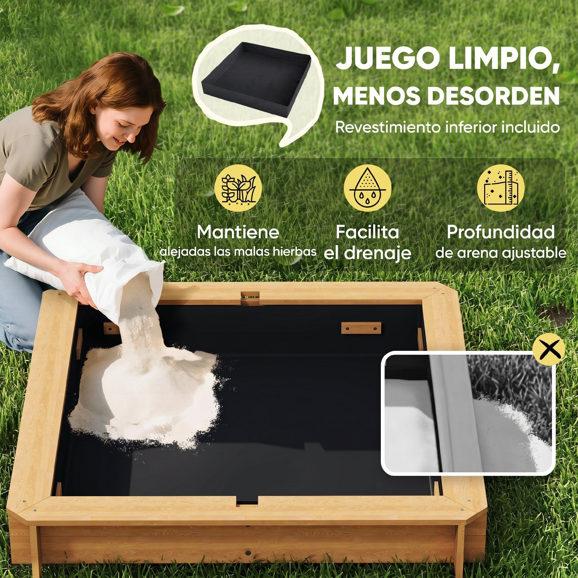 Caixa de Areia para Crianças Outsunny Madeira de abeto e Poliéster Natural, verde e branco 106x106x121cm - 7