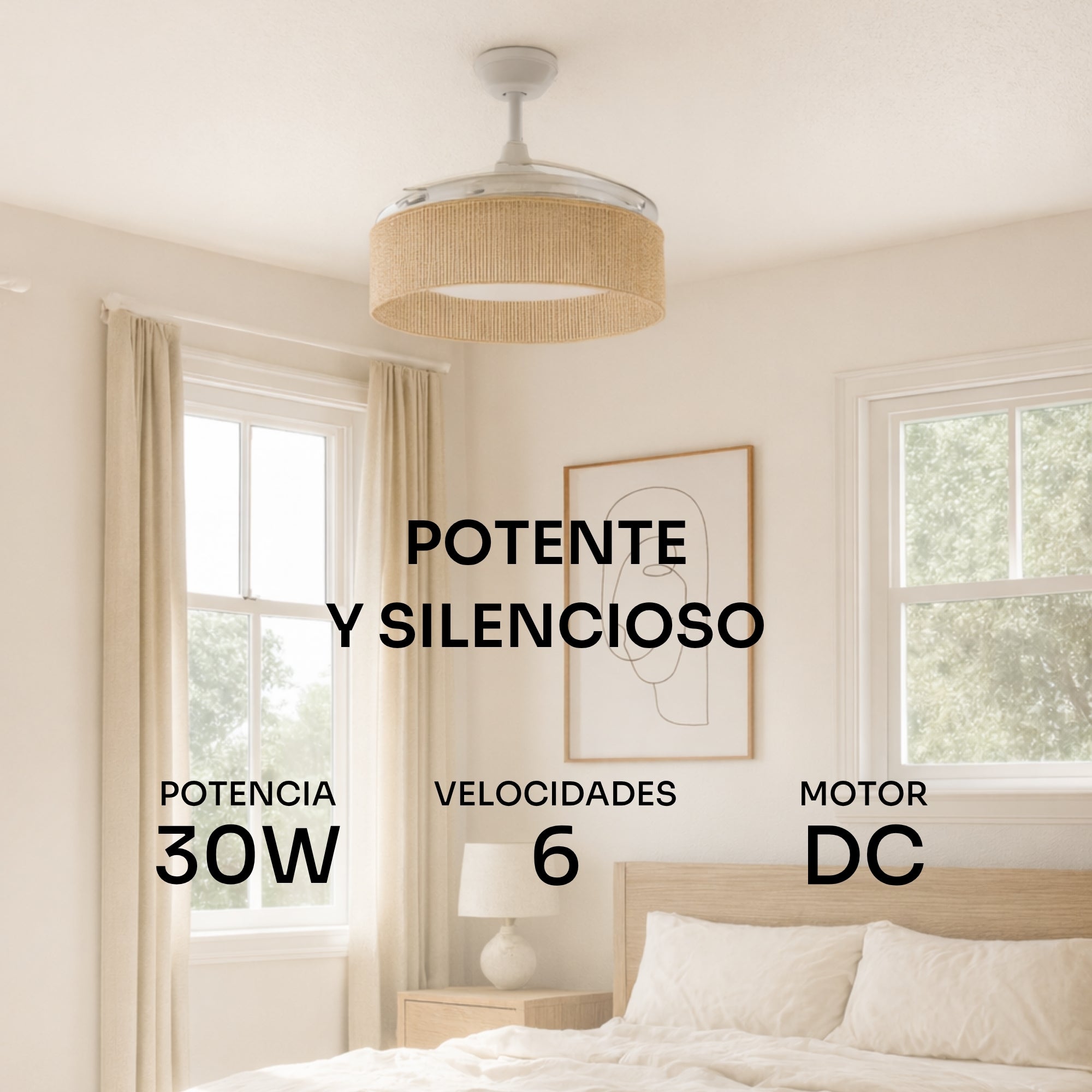 Mellerware - Ventoinha de teto LED regulável Brizy Bright Rattan Sand, acolhedora, verão/inverno, temporizador 8h, até 25 m², para tetos inclinados - 2