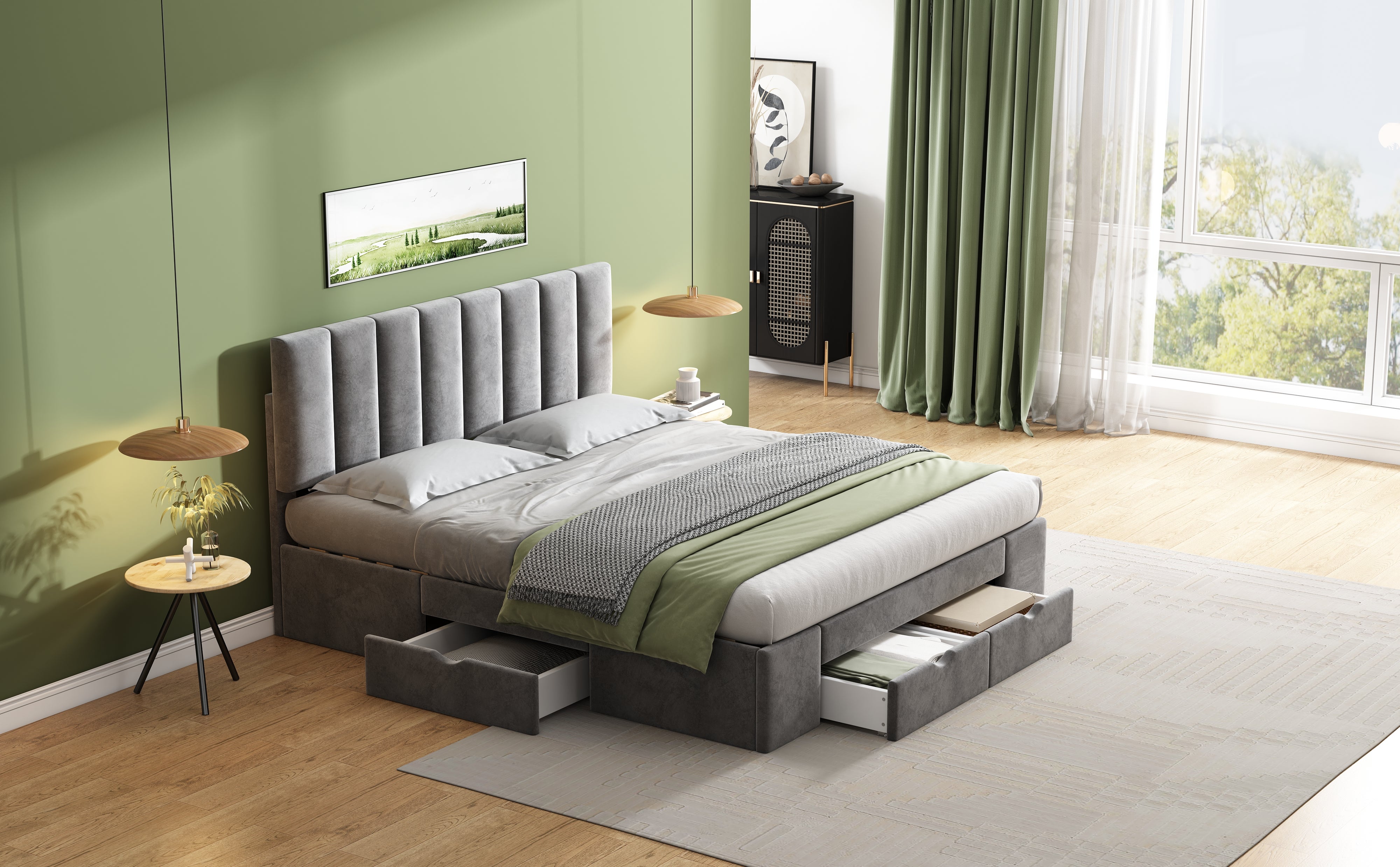 Łóżko dwuosobowe tapicerowane welurem 160x200cm z 4 szufladami + regulowane wezgłowie + stelaż na listwy - Szare - 5