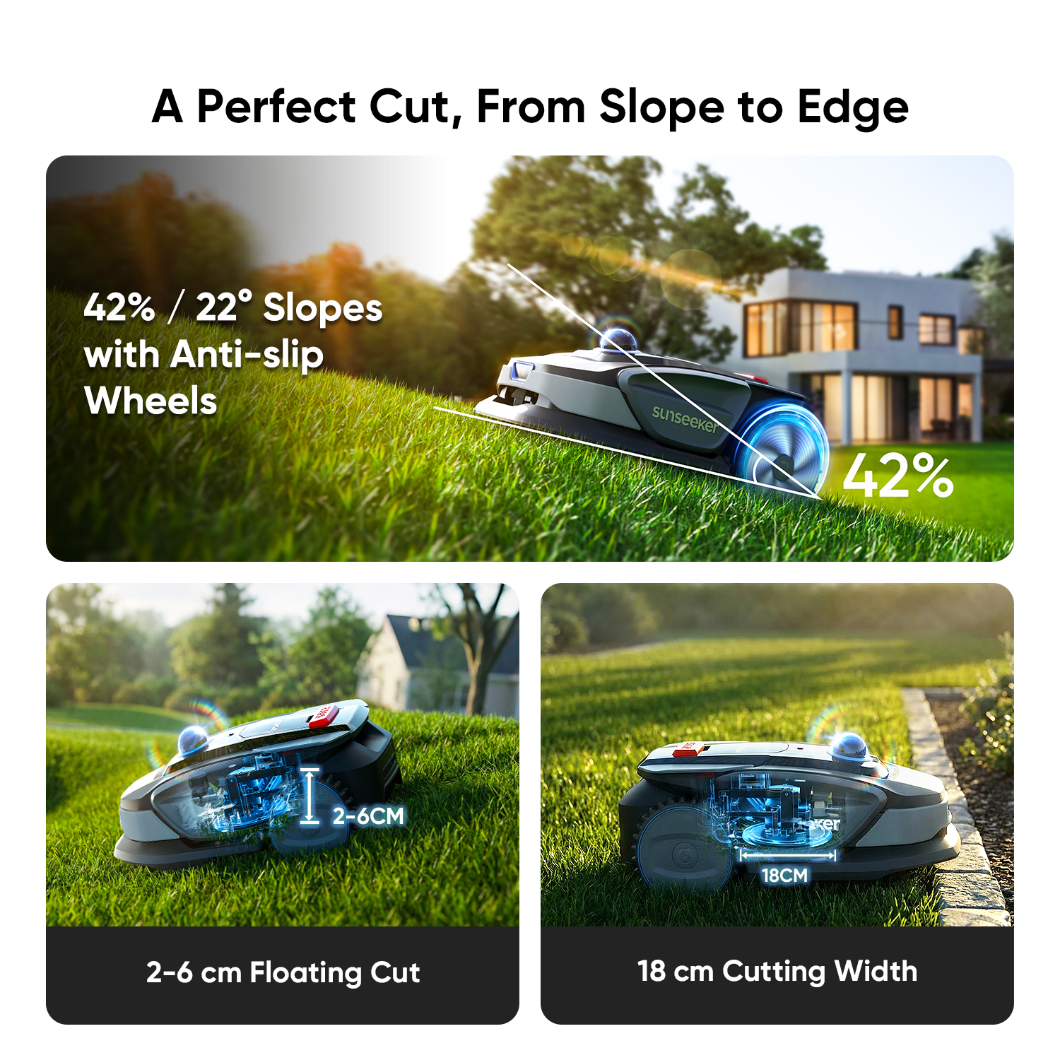 Robot Tondeuse sans Fil, 1000 m², LiDAR 360°, Vision AI, Cartographie, Évitement des Obstacles, Pentes 42 %, Contrôle App, Sunseeker S4 - 7