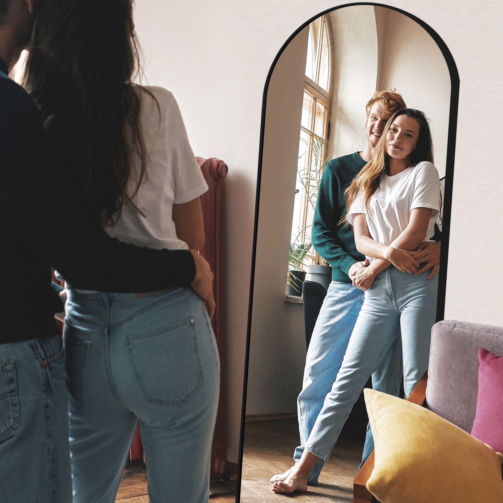 Specchio da terra curvo 161x52 cm, grande specchio da appoggio e parete, ideale per camera, soggiorno, corridoio, cornice nera. - 4