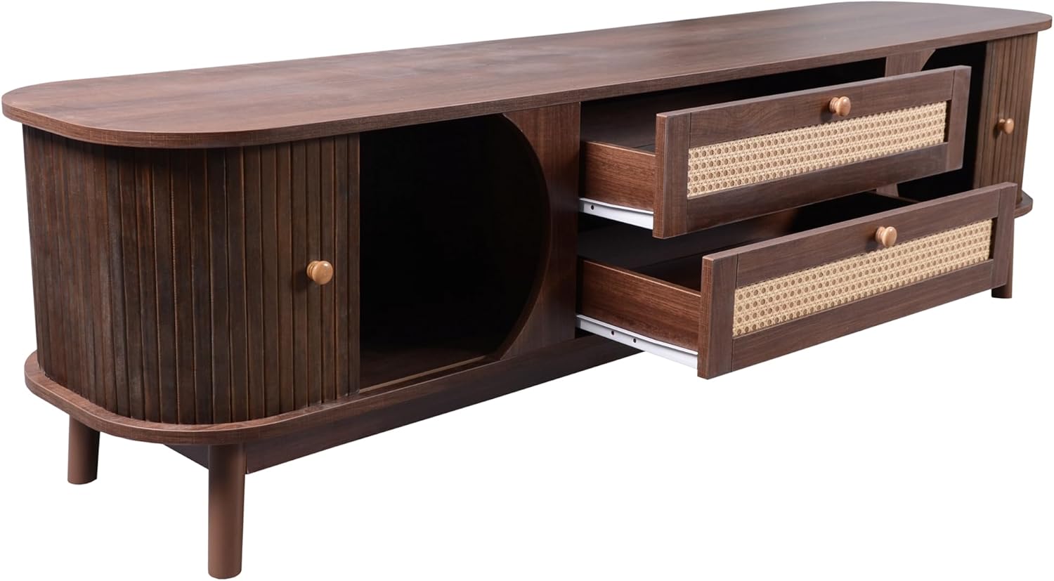 Meuble TV 170 cm en Bois Massif et Rotin, Meuble TV Bas avec 2 tiroirs et 2 portes coulissantes - Marron - 4