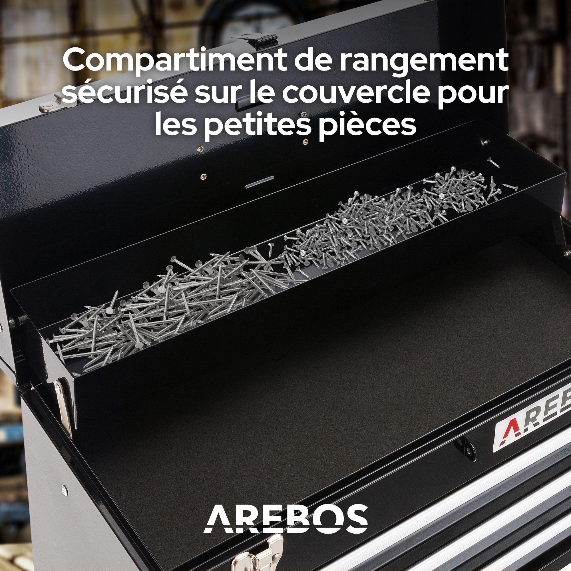 AREBOS Boîte à outils avec 3 tiroirs et 2 compartiments de rangement Noir Poignée de transport et fermetures à pression Coffret à Outils - 6