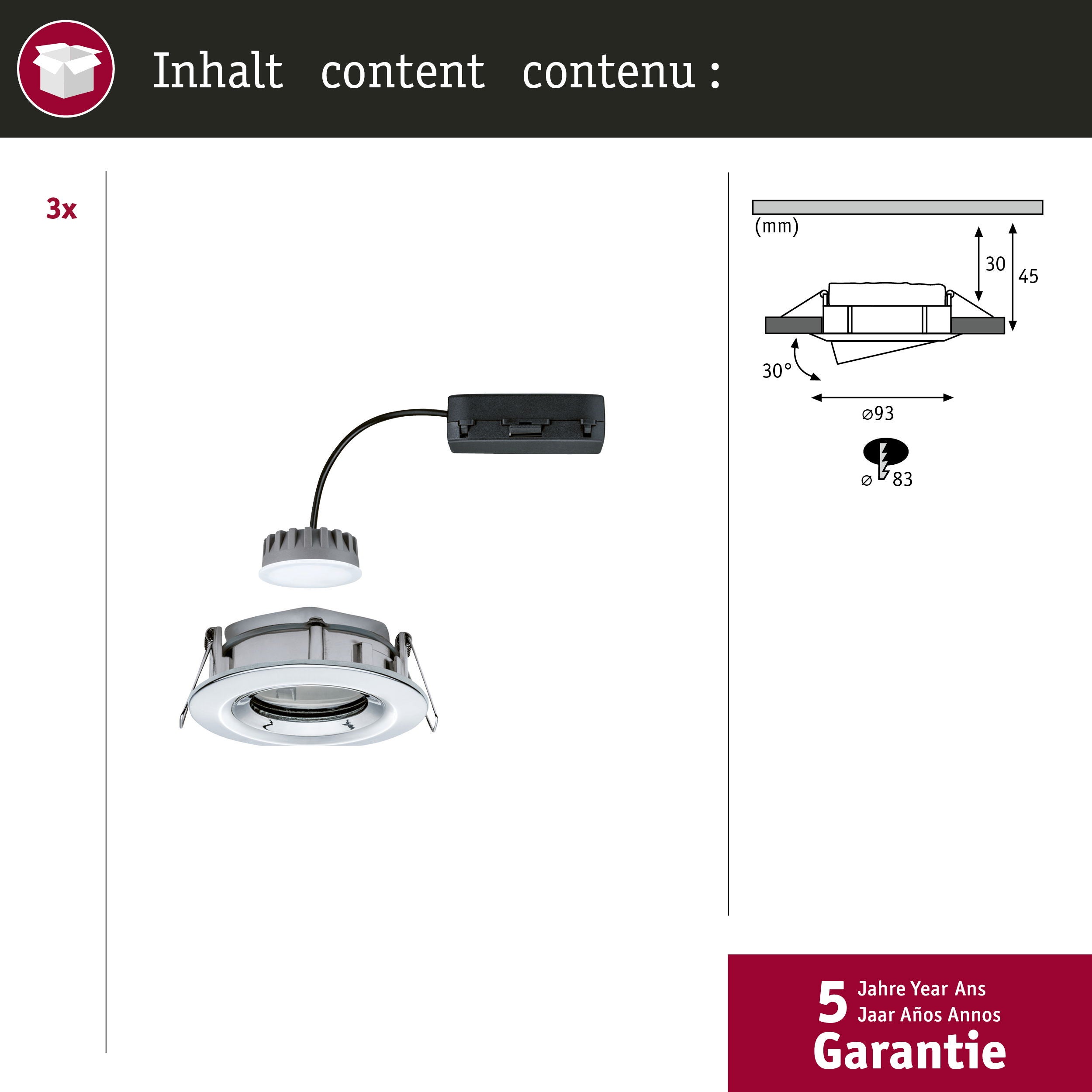 Spot encastré LED Nova Plus Coin Kit de base orientable IP65 rond 93mm 30° Coin 3x6W 3x470lm 230V gradable 2700K Chrome - 4
