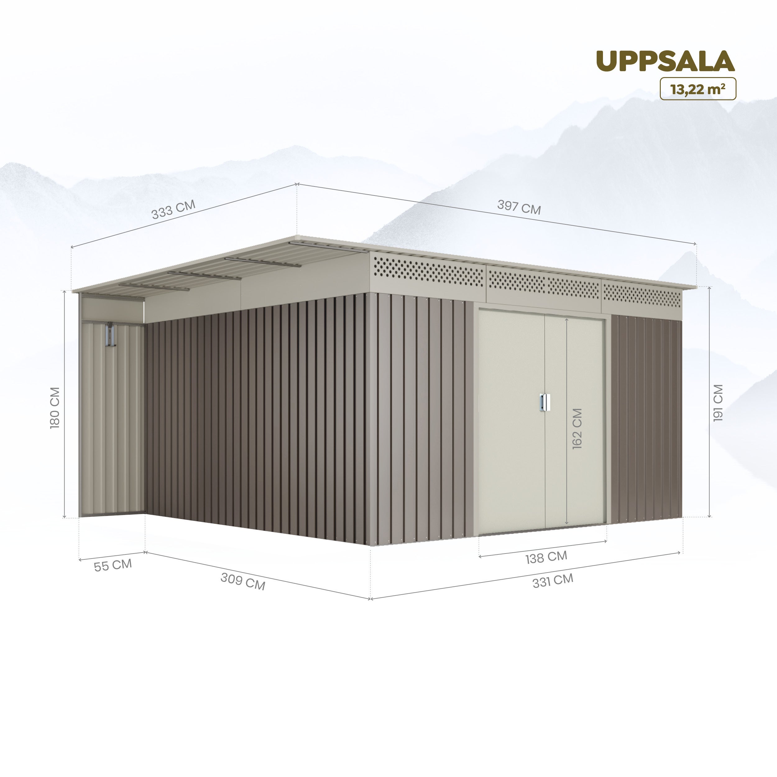 Abri de Jardin Premium Uppsala 13.22m2 avec bûcher - Garantie 10 Ans -397x333x191cm. Remise Métal - 7