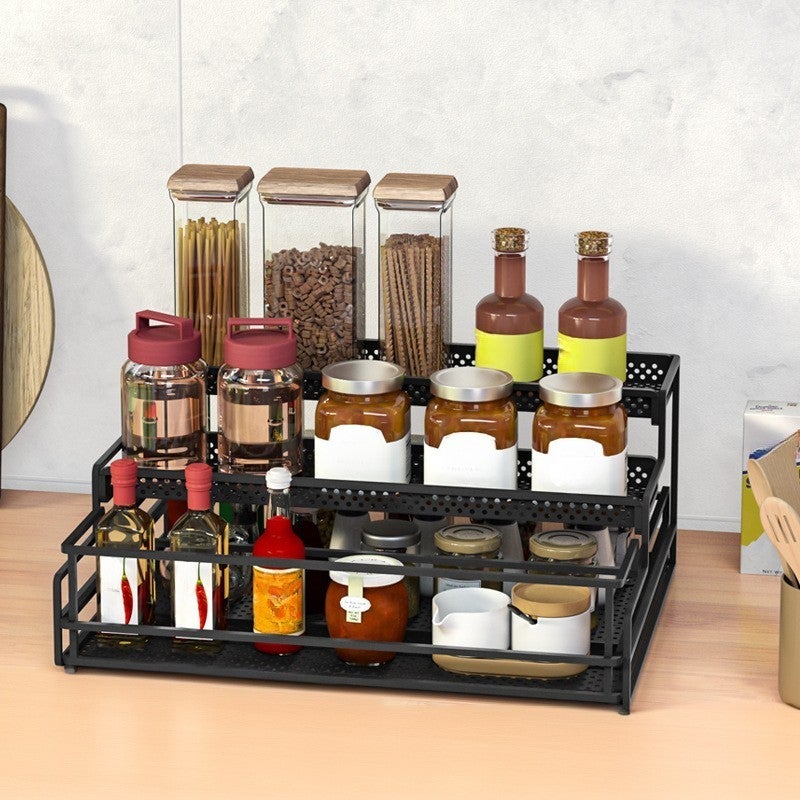 Wielofunkcyjny kuchenny stojak do przechowywania, trzypoziomowy stojak na przyprawy, uchwyt do przechowywania przypraw, czarny, 32 × 25,1 × 13,6 cm